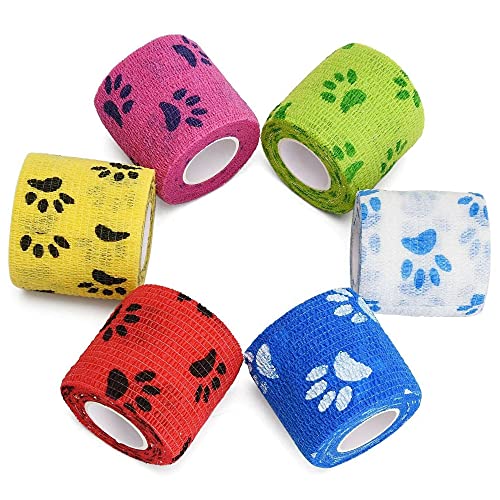 6 Rollos Vendaje Elástico Autoadhesivo, Mascotas Venda Cohesiva Cinta, Vendas Autoadhesiva para Esguinces e Hinchazón para Perros, Gatos Vendaje Elástico para Mascotas, 6 Colores, 5 cm x 4.5 m