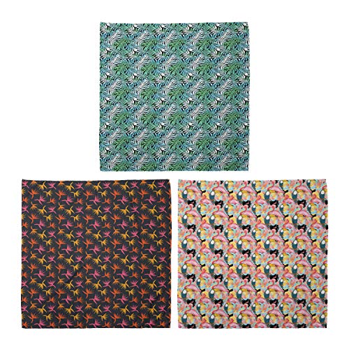 ABAKUHAUS Pack de 3 Bandanas Unisex, Naturaleza Monstera Pájaros de la selva de la flor de paraíso Tucán loros Flamingos, Multicolor