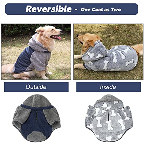 Abrigo mediano para perro con agujero para arnés – Ropa reversible cálida para perros con capucha de Navidad, abrigos de forro polar para Bulldog Francés, Dachshund y Pomeranian, azul marino, XXL