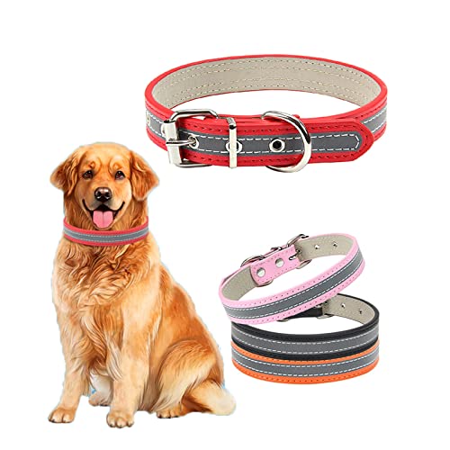 ABRRLO Collar reflectante para perros de piel sintética, para perros pequeños, medianos y pequeños, seguro, cómodo y ajustable (rojo, XL)