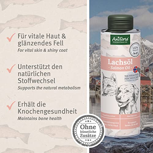 Aceite de salmón AniForte para perros y gatos 250 ml - ácidos grasos Omega 3 y Omega 6, aceite de pescado prémium para cachorros, perros adultos y senior, suplemento de ACBA, envase reciclable