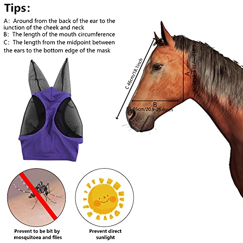 AIEX Máscara De Mosca De Caballo Máscara De Caballo con Ojos y Orejas De Malla Tela Transpirable Máscara De Mosca De Caballo Suave y Elástica con Protección UV (Púrpura)