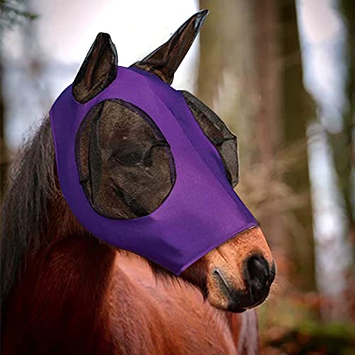 AIEX Máscara De Mosca De Caballo Máscara De Caballo con Ojos y Orejas De Malla Tela Transpirable Máscara De Mosca De Caballo Suave y Elástica con Protección UV (Púrpura)