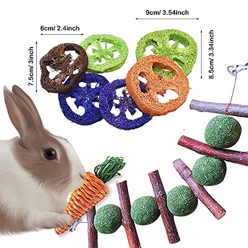 Aircris Allazone Juguetes para Masticar Conejo, Juguetes para Conejo Hierba Natural, Palitos de Madera de Manzana Natural, Ratán, Zanahoria, Palitos de Maíz para Conejos, Hámster, Jerbos, Ardillas