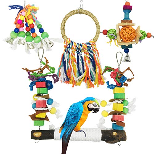 Allazone Juguetes Pájaros, 4 Pz Perchas Pájaros Juguetes con Campanas Juguetes para Masticar Loros Juguetes para Masticar Loros para Escalera de Madera, Columpios, Loro