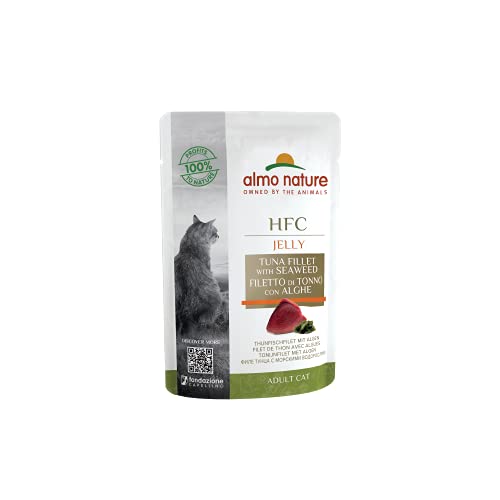 almo nature Comida Húmeda para Gatos Natural de Atún y Algas Marinas (24 sobres x 55g). Alimento para Gatitos Gourmet Monoproteíco HFC Cuisine. Snack Complementario sin Gluten