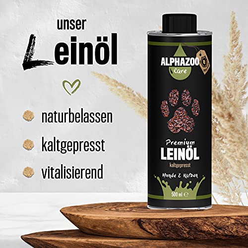 alphazoo Aceite de lino de alta calidad para perros, gatos y caballos 500 ml, aceite de linaza prensado en frío, aceite energético para el corazón y la circulación, aceite para piensos rico