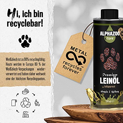 alphazoo Aceite de lino de alta calidad para perros, gatos y caballos 500 ml, aceite de linaza prensado en frío, aceite energético para el corazón y la circulación, aceite para piensos rico