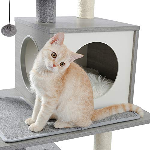 Amazon Brand – Umi Árbol para Gatos de Madera Moderno Gatos Torre de Juegos Grande de Varios Pisos Poste rascador de sisal Muebles para Gatitos Centro de Actividades con condominio Playhouse Gris