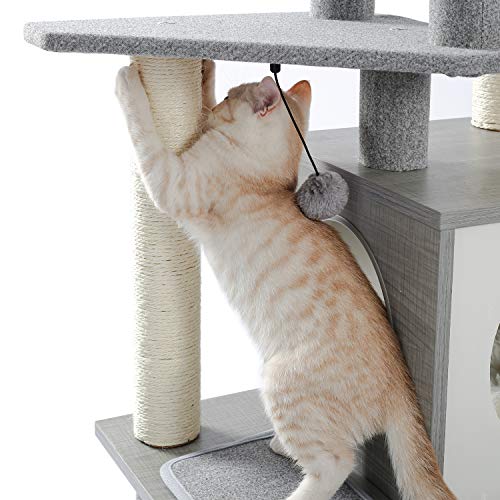 Amazon Brand – Umi Árbol para Gatos de Madera Moderno Gatos Torre de Juegos Grande de Varios Pisos Poste rascador de sisal Muebles para Gatitos Centro de Actividades con condominio Playhouse Gris