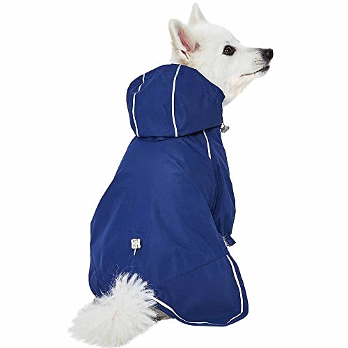 Amazon Brand - Umi - Chubasquero de 28 cm Reflectante y Ligero para Perros, con Capucha y Abertura para arnés, Impermeable para Exteriores con Cobertura de 2 Patas (Azul Marino)