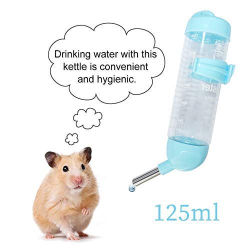 Andiker Botella Dispensador para Hámster, Sin gotear Botella de Agua Plástica Colgante Bebedero Automático Dispensador Tazón de Jaula con 2 Bolas Rodaderas para Animales, Chinchilla (125 ml, Azul)