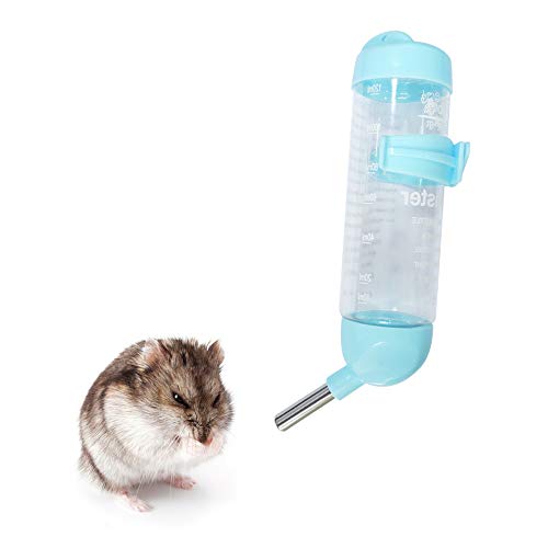 Andiker Botella Dispensador para Hámster, Sin gotear Botella de Agua Plástica Colgante Bebedero Automático Dispensador Tazón de Jaula con 2 Bolas Rodaderas para Animales, Chinchilla (125 ml, Azul)