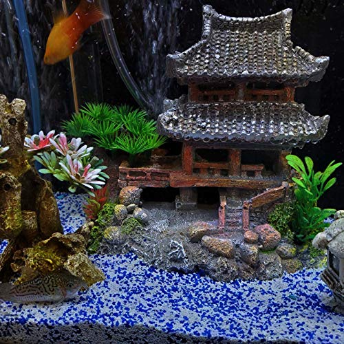 Angelland Decoraciones de acuario Templo clásico Castillo Asiático Temático Segura Resina Adornos con Plantas de Plástico Pequeña Casa de Peces Decoración Escondite Lugares para Agua Dulce y Salada