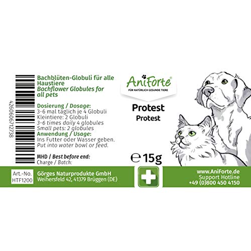 AniForte Protest Globuli para Perros, Gatos, Mascotas - Flores de Bach para calmar, remedio Natural para los gruñidos, los rasguños, la Suciedad y el disgusto