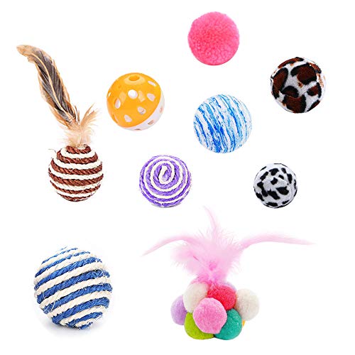 Anyasen 14 Piezas Gatos Juguetes Pelotas Gato Juguete Pelotas Gato con Pelotas de Campana Pelotas de Plumas Artificial Pelotas de Sisal Pelota de Juguetep (14 Estilos Aleatorio)