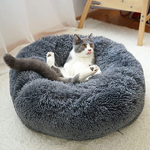 Aoresac Cama Perro Gato Grande Pequeño, Cama Mascota Redonda Cálido Felpa, Sofá Cojin Suave Cachorro Animales Domésticos Invierno, 40/50/60/70/80/100/120 CM (L, Gris Oscuro)