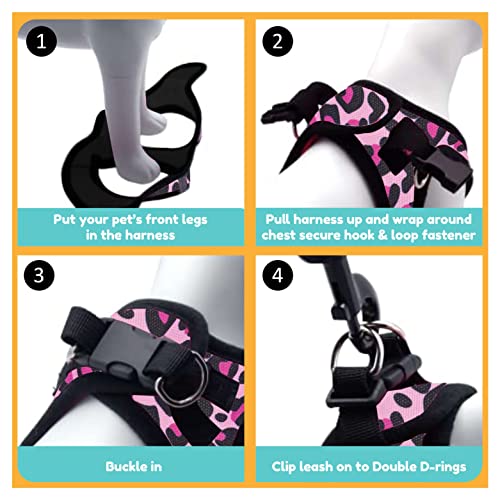 Arnés Perro Pequeño, Suave y Reflectante - Chaleco Antitirones para Cachorros Transpirable con Diseños Divertidos - Malla Ajustable para Coche (M, Pink Leopard)