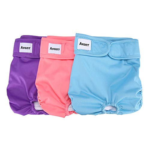 Avont 3 Packs - Pañales Lavables para Perras, Reutizables y Duraderos para Perros Hembra, Female Dog Diapers Altamente Absorbentes -XS, 6"-8.5" Cintura, Morado/Azul/Rosa