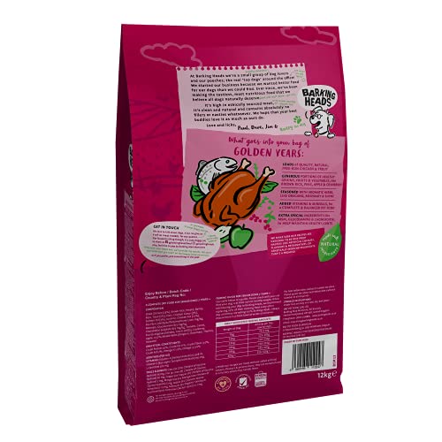 Barking Heads Comida Seca para Perros mayores - Golden Years - Pollo de corral y pescado 100% natural sin aromas artificiales, Niveles de grasas y proteína óptimos para perros mayores, 12 kg