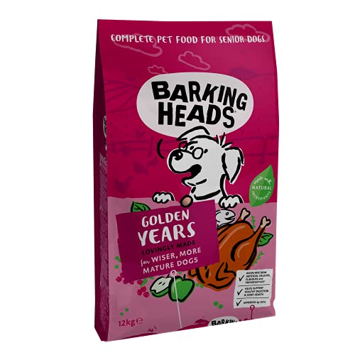 Barking Heads Comida Seca para Perros mayores - Golden Years - Pollo de corral y pescado 100% natural sin aromas artificiales, Niveles de grasas y proteína óptimos para perros mayores, 12 kg