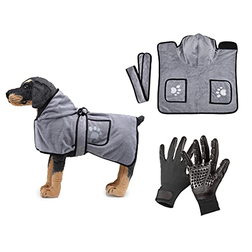 Barrageon Albornoz Mascotas Perros Toalla Baño Abrigo Set Mascotas Masaje Grooming Guantes Baño Microfibra Secado Absorbente Rápido Ajustables (XS-Gris)