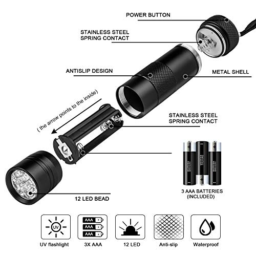 Beinhome Linterna UV de luz negra [5 unidades], lámpara UV, detector de orina para mascotas, manchas de orina seca de perro y gato, detector de billetes falsos (incluye pilas)