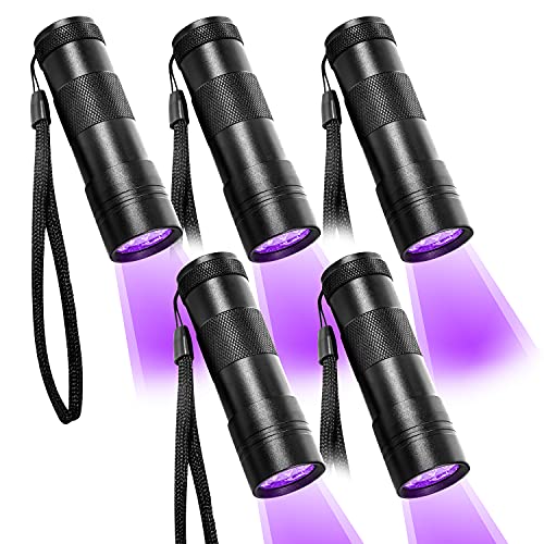 Beinhome Linterna UV de luz negra [5 unidades], lámpara UV, detector de orina para mascotas, manchas de orina seca de perro y gato, detector de billetes falsos (incluye pilas)