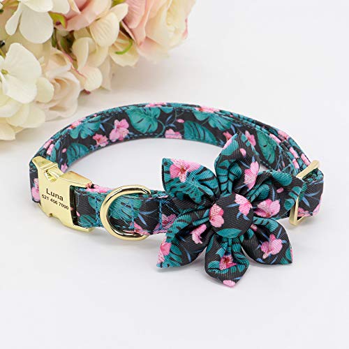 Beirui Collar de perro y plomo personalizado para perros femeninos, diseño floral grabado collares para mascotas con hebilla dorada personalizada (patrón verde, S)