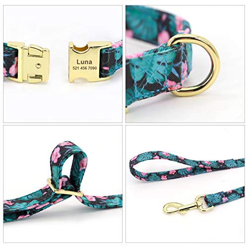 Beirui Collar de perro y plomo personalizado para perros femeninos, diseño floral grabado collares para mascotas con hebilla dorada personalizada (patrón verde, S)