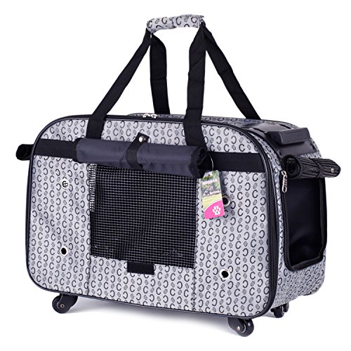 BELLAMORE Bolsa de transporte con ruedas Nylon para los gatos Perros Carrito de transporte 4 ruedas (para perros grandes de hasta 10 kg) ventilación superior (gris) 59 * 29 * 42 cm