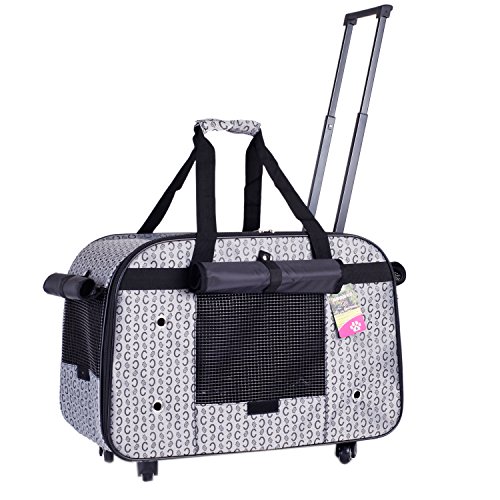 BELLAMORE Bolsa de transporte con ruedas Nylon para los gatos Perros Carrito de transporte 4 ruedas (para perros grandes de hasta 10 kg) ventilación superior (gris) 59 * 29 * 42 cm