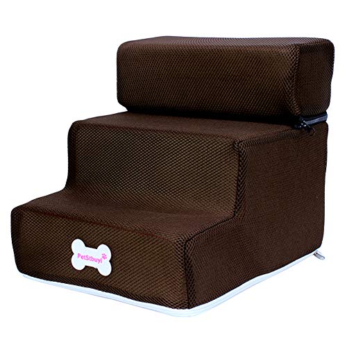 Benoon Escalera Perro Pequeño Gatos Mascota 3 Escalones Rampa Antideslizante Extraíble Escalera De Cama Desmontable para Escalar Café