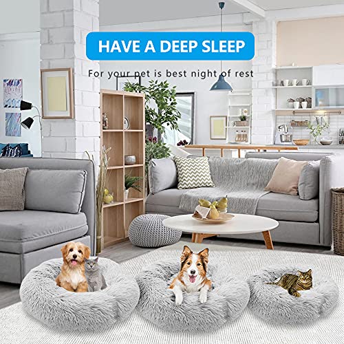 BIQIQI Redonda Cama Perro Gato Cama de Felpa Mascotas Cama Cama para Perros Gatos Redonda Antiestres Suave Sofá Cojín Dormido Calentito Donut Fondo Antideslizante Lavable a Máquina