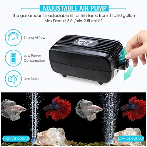 Bomba Aire Acuario, Oxigenador Acuario Aireador para Acuario hasta 300 L, Bomba Oxigeno Acuario con Piedras de Aire, válvulas de Retención de Tubo de Silicona, 2*2.5L/Min, Silencioso <40 dB, 3W