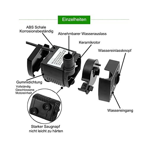 Bomba sumergible,mini bomba de agua,bomba de fuente 180L / H, bomba de acuario de 3W con cable de alimentación de 1.5M 2 boquillas,adecuada para estanques,jardines de rocas,estatuas,fuentes de agua