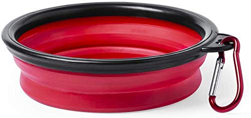 Bowl Plegable para Perros y Gatos - Comedero para Mascotas - Recipiente Portátil para Viajes - Cuenco de Agua Portable con Gancho de Metal Fácil de Llevar - Comedero y Bebedero (Rojo)