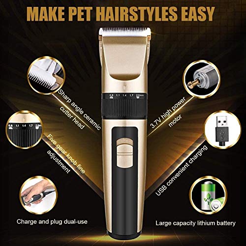 Broche del pelo Clippers perro, Peluquería Canina Clippers con 4 peine, de bajo ruido for mascotas pelo Trimmer recargable, con unas tijeras peine mejor cortadora de cabello for mascotas Perros Gatos