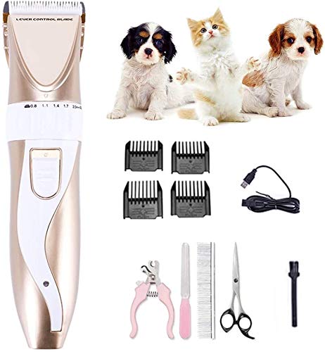 Broche del pelo Clippers perro, profesional del animal doméstico de bajo ruido Peluquería Canina Clippers USB inalámbrico recargable for mascotas pelo Trimmer, con 4 guías peine tijeras podadoras mejo