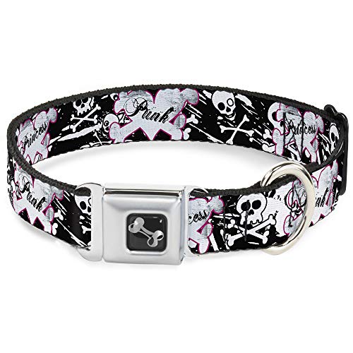 Buckle Down 9 – 15"Punk Princesa Corazón & Cruz Huesos con Calaveras & Splatter Negro/Blanco Perro Collar Hueso, pequeño