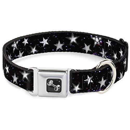 Buckle Down en el Espacio de Estrellas Brillantes Negro/Morado/Blanco Hueso Collar de Perro, mediano/11 – 17 "