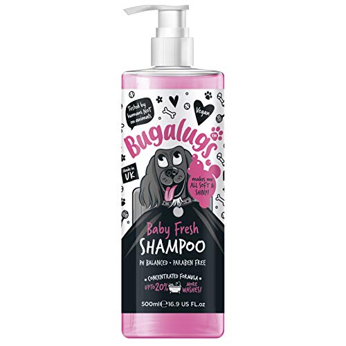 BUGALUGS Baby Fresh Dog Shampoo 500ml perro aseo productos de champú para perros apestosos con aroma a polvo de bebé, mejor champú para cachorros fresco