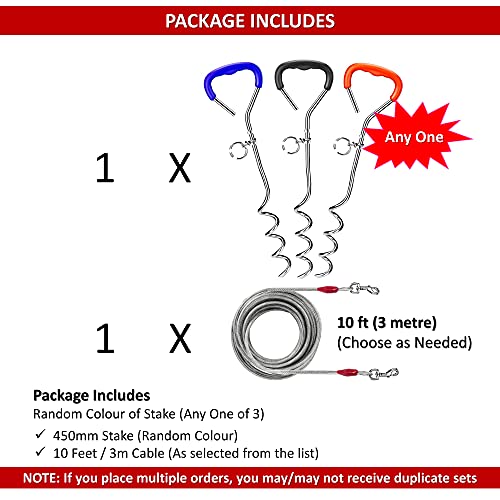 Cadenas de 3 m para perro exterior de cable de amarre de acero resistente en espiral de tierra de 45 cm para perro al aire libre perro camping correa de plomo para perros 120 libras (cable y estaca