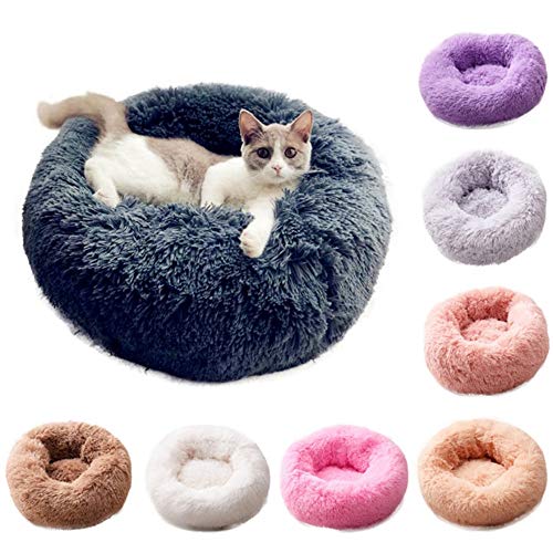 Camas de gato Ronda Cómoda Calming Perro Cama Para Gatos Cama Calmante Perro Anti Anxiet Casa Para Gato Lana Malvavisco Gato Cama Cushion-marrón claro, OD 60 cm, China