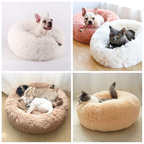 Camas de gato Ronda Cómoda Calming Perro Cama Para Gatos Cama Calmante Perro Anti Anxiet Casa Para Gato Lana Malvavisco Gato Cama Cushion-marrón claro, OD 60 cm, China