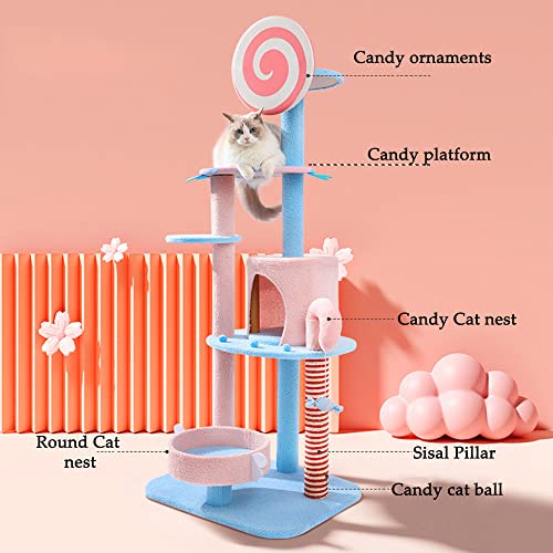 Candy Cat Tree Cat Tower Apartment, Columna rascadora de sisal, Marco Escalada para Gatos con Divertido Colgante de Gato, Nido de Gato, Adecuado para Actividades en Interiores (26/38/53/60 Pulgadas)