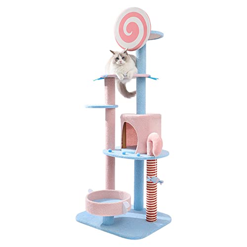 Candy Cat Tree Cat Tower Apartment, Columna rascadora de sisal, Marco Escalada para Gatos con Divertido Colgante de Gato, Nido de Gato, Adecuado para Actividades en Interiores (26/38/53/60 Pulgadas)