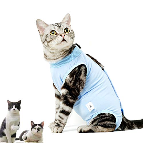 CandyCare Mascotas Traje de recuperación quirúrgica para Gatos, Destete Ropa Chaleco pequeño Mediano Grande Gatos, Anti lamida con Sonaja y DIY Anti-Lost Número Celular Azul M