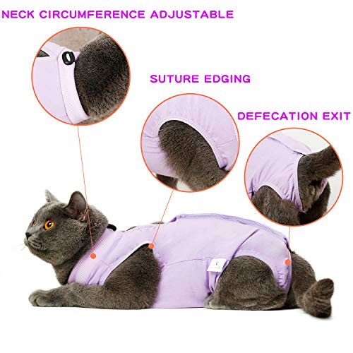 CandyCare Mascotas Traje de recuperación quirúrgica para Gatos, Destete Ropa Chaleco pequeño Mediano Grande Gatos, Anti lamida con Sonaja y DIY Anti-Lost Número Celular Morado S