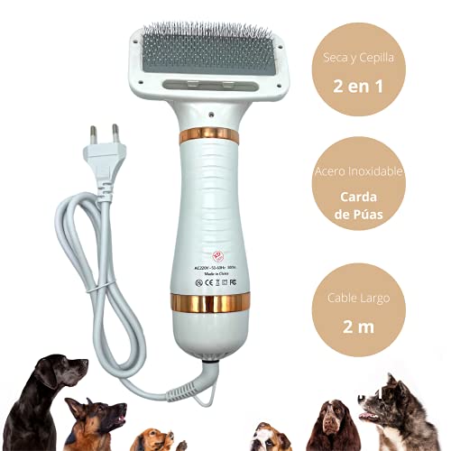 Cepillo Secador para Perros de Pelo Largo y Corto - Peine Secador para Quitar Pelos de Mascota - Secador de Pelo Portátil y Silencioso 2 en 1 para Perros y Gatos (Oro)